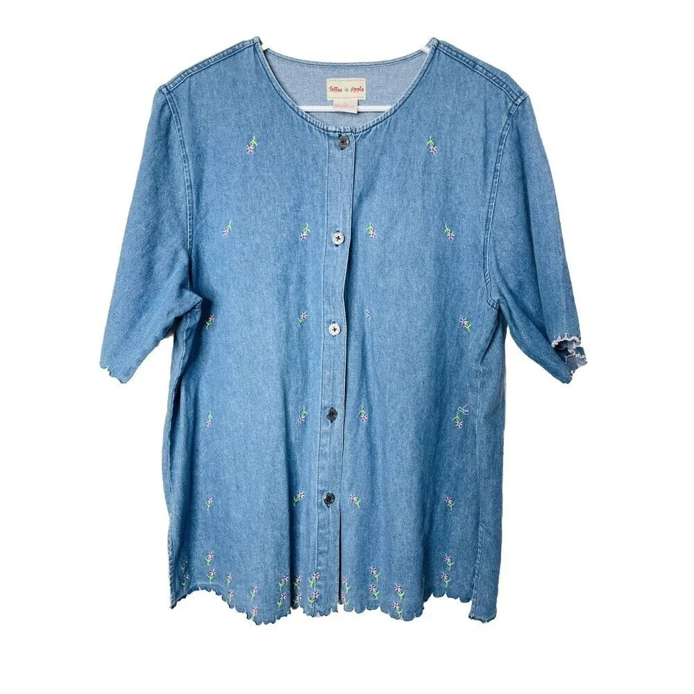 Vtg Toffee Apple Button Up Denim Shirt Sz L Womens Embroidered Flowers Side Slit